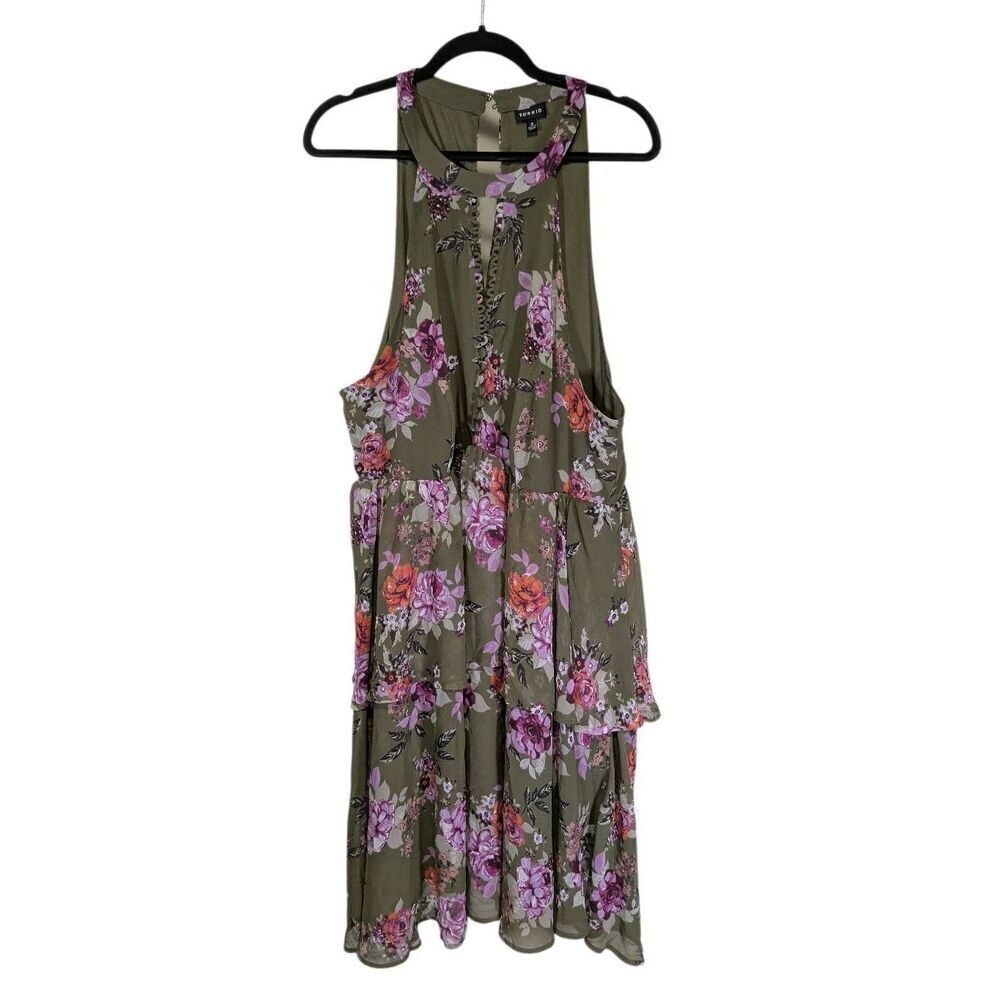 Torrid Olive Floral Chiffon Ruffle High Neck Dress Women's 3X